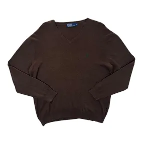 POLO RALPH LAUREN Pima Cotton Embroidered Mini Logo V-Neck Brown Knit Sweater Jumper