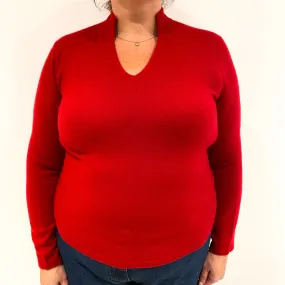 Post Box Red Cashmere Collared V-Neck Jumper Extra Large