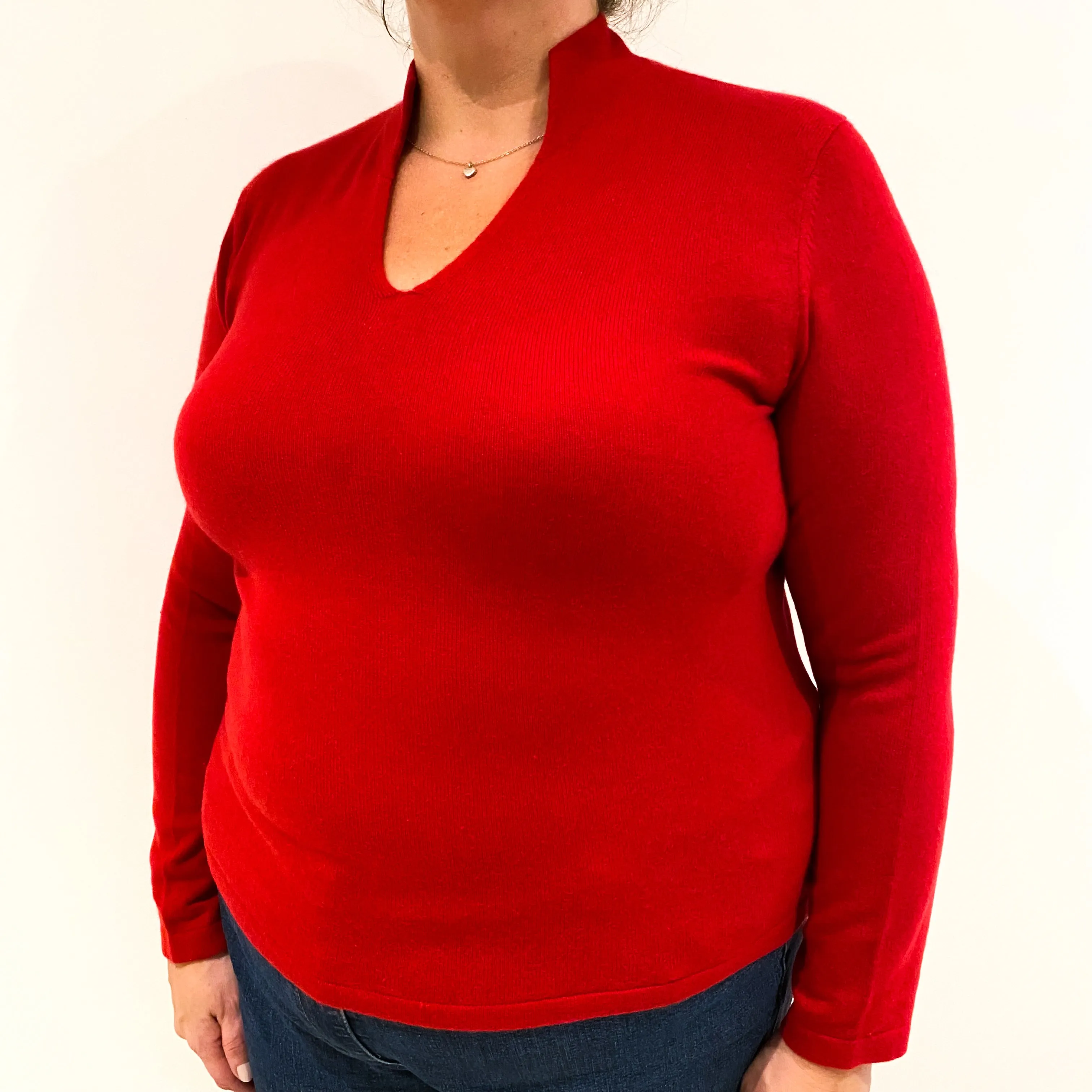 Post Box Red Cashmere Collared V-Neck Jumper Extra Large