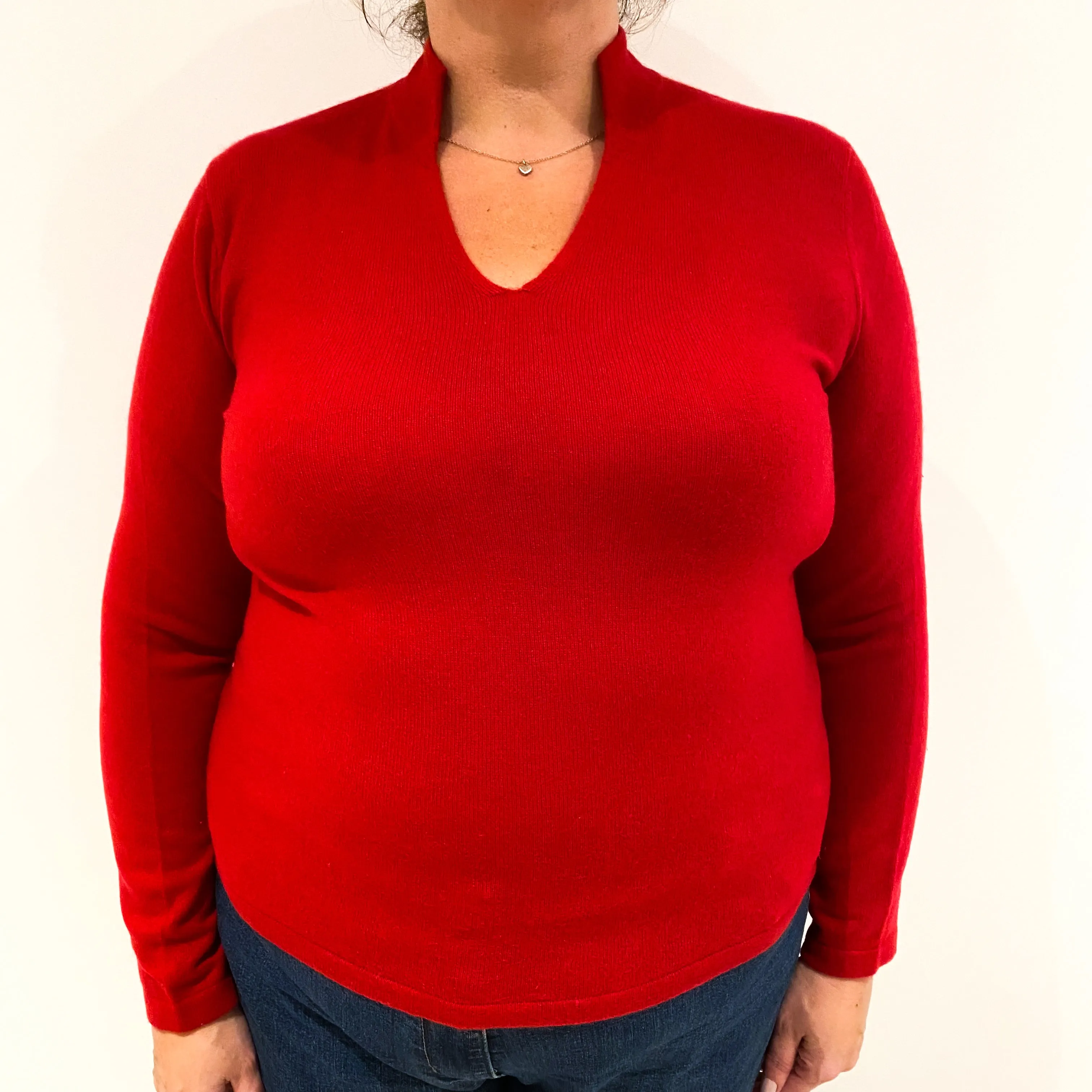 Post Box Red Cashmere Collared V-Neck Jumper Extra Large