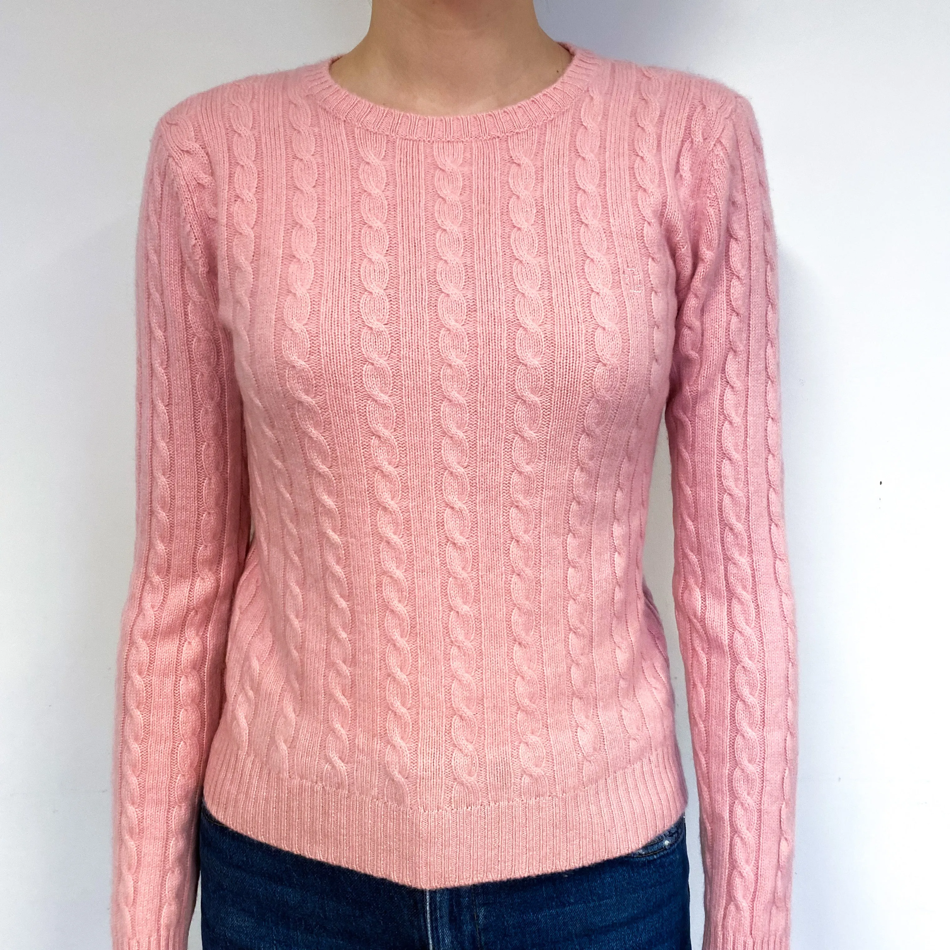 Ralph Lauren Pink Cable Cashmere Crew Neck Jumper Extra Small