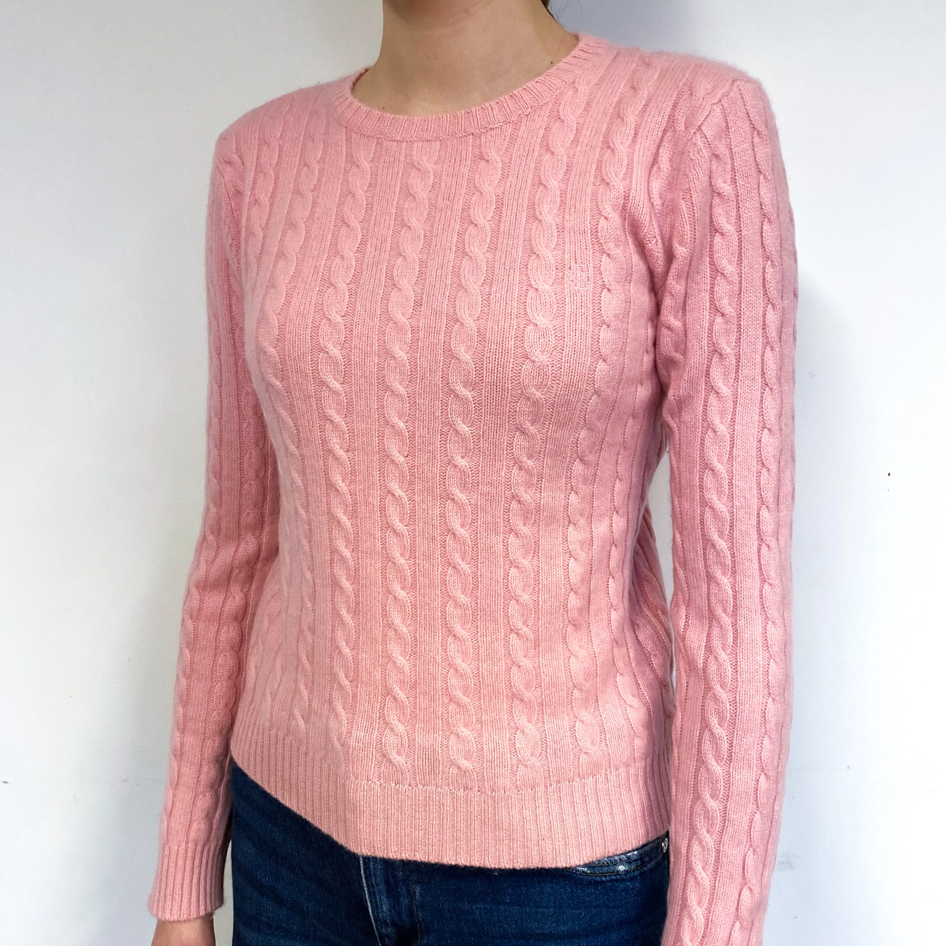 Ralph Lauren Pink Cable Cashmere Crew Neck Jumper Extra Small