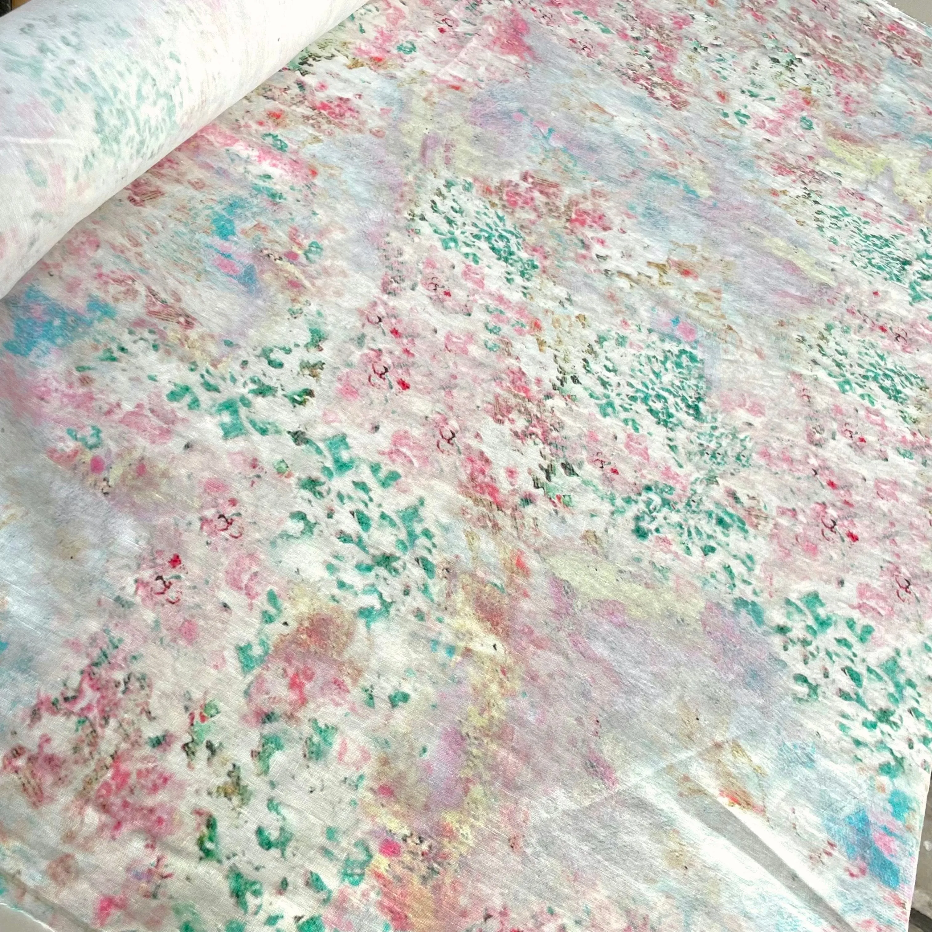 Remnant of Floral Fade Out Washed Printed Linen