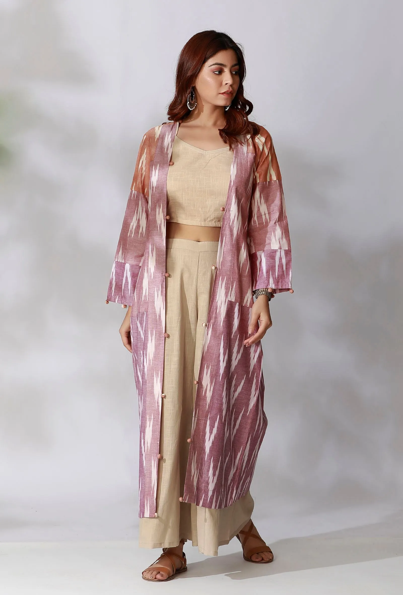 Set Of 3- Beige Cotton Slub Crop Top with Beige Cotton Slub Pants and Multicolor Ikkat Patchwork Overlay
