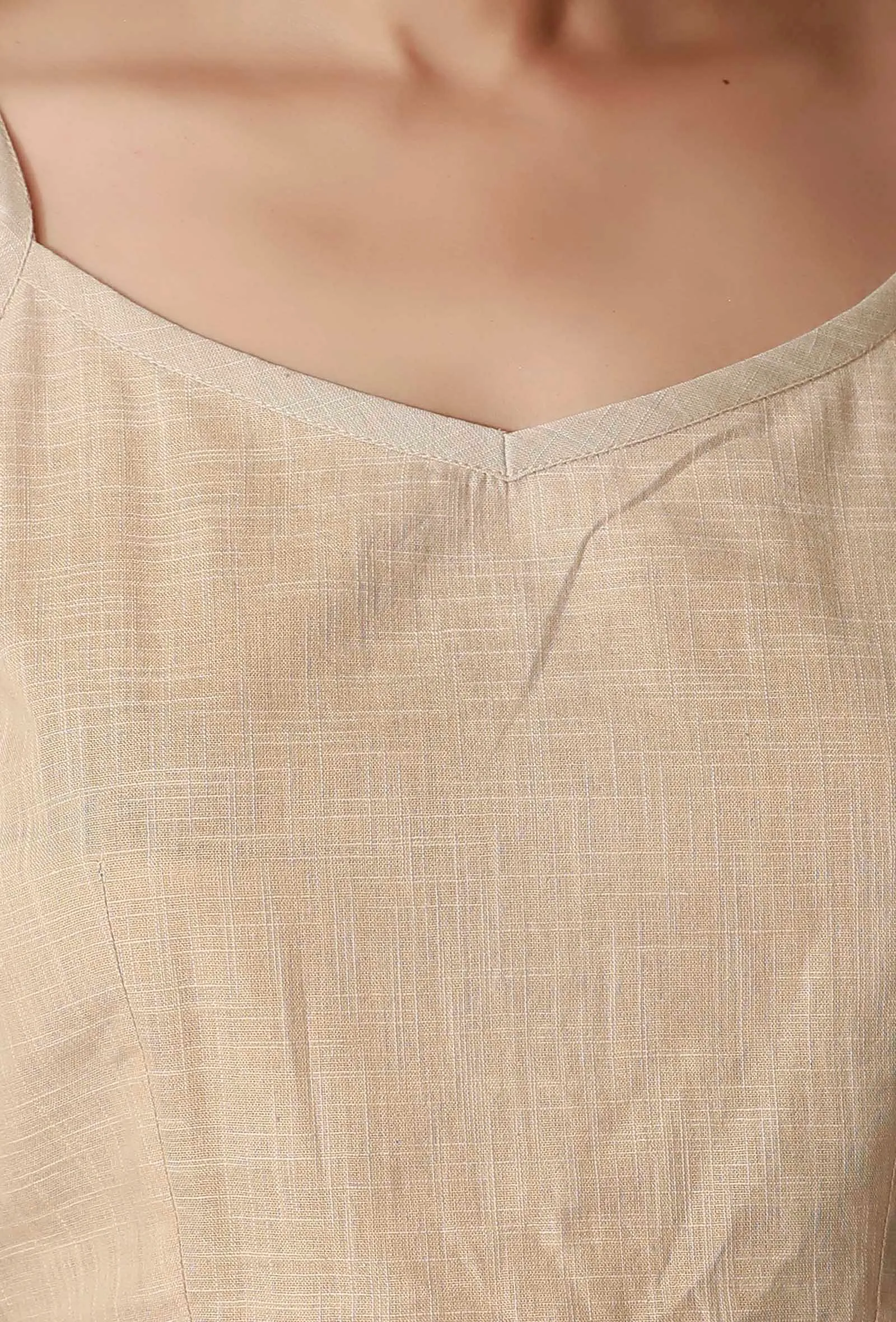 Set Of 3- Beige Cotton Slub Crop Top with Beige Cotton Slub Pants and Multicolor Ikkat Patchwork Overlay