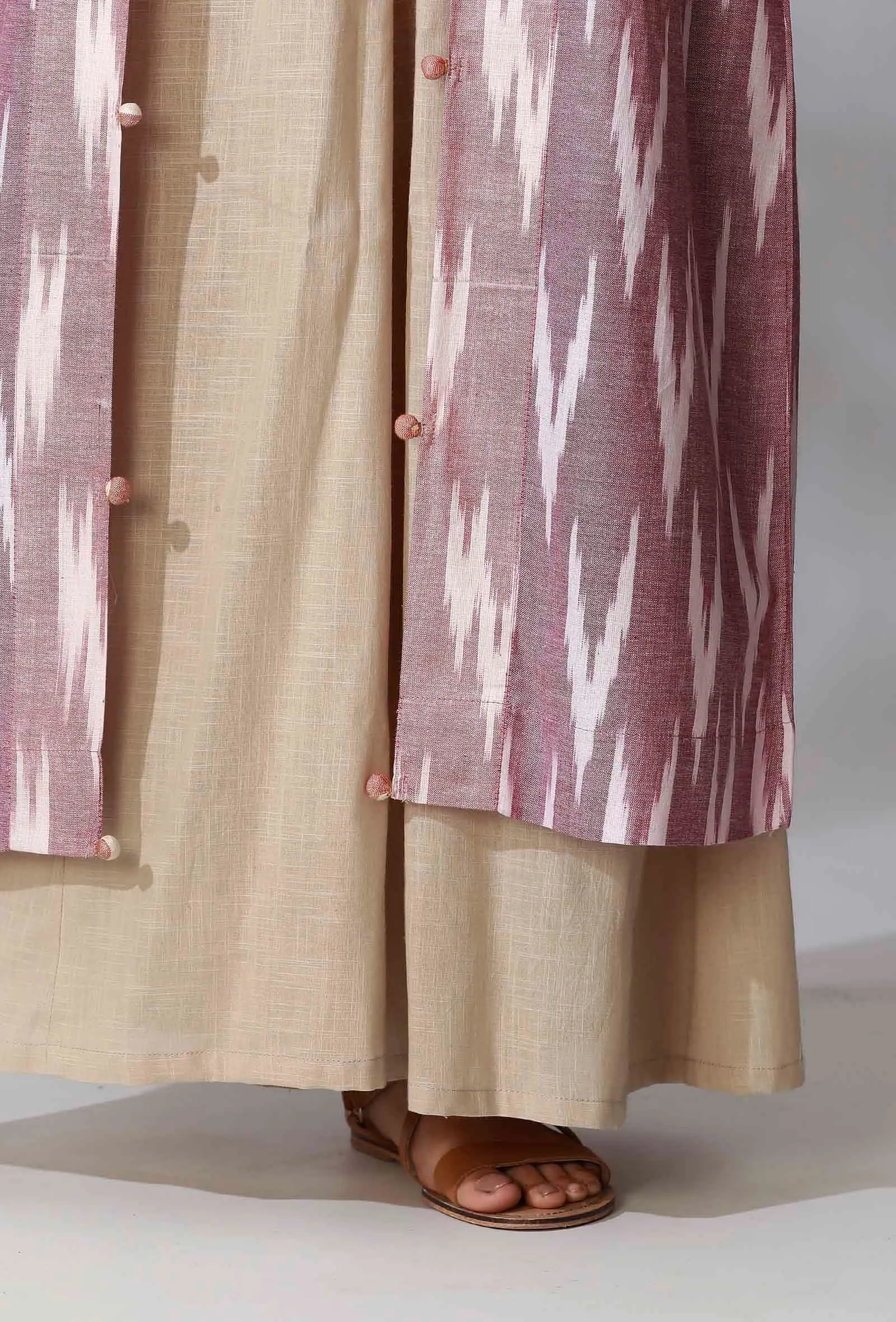 Set Of 3- Beige Cotton Slub Crop Top with Beige Cotton Slub Pants and Multicolor Ikkat Patchwork Overlay