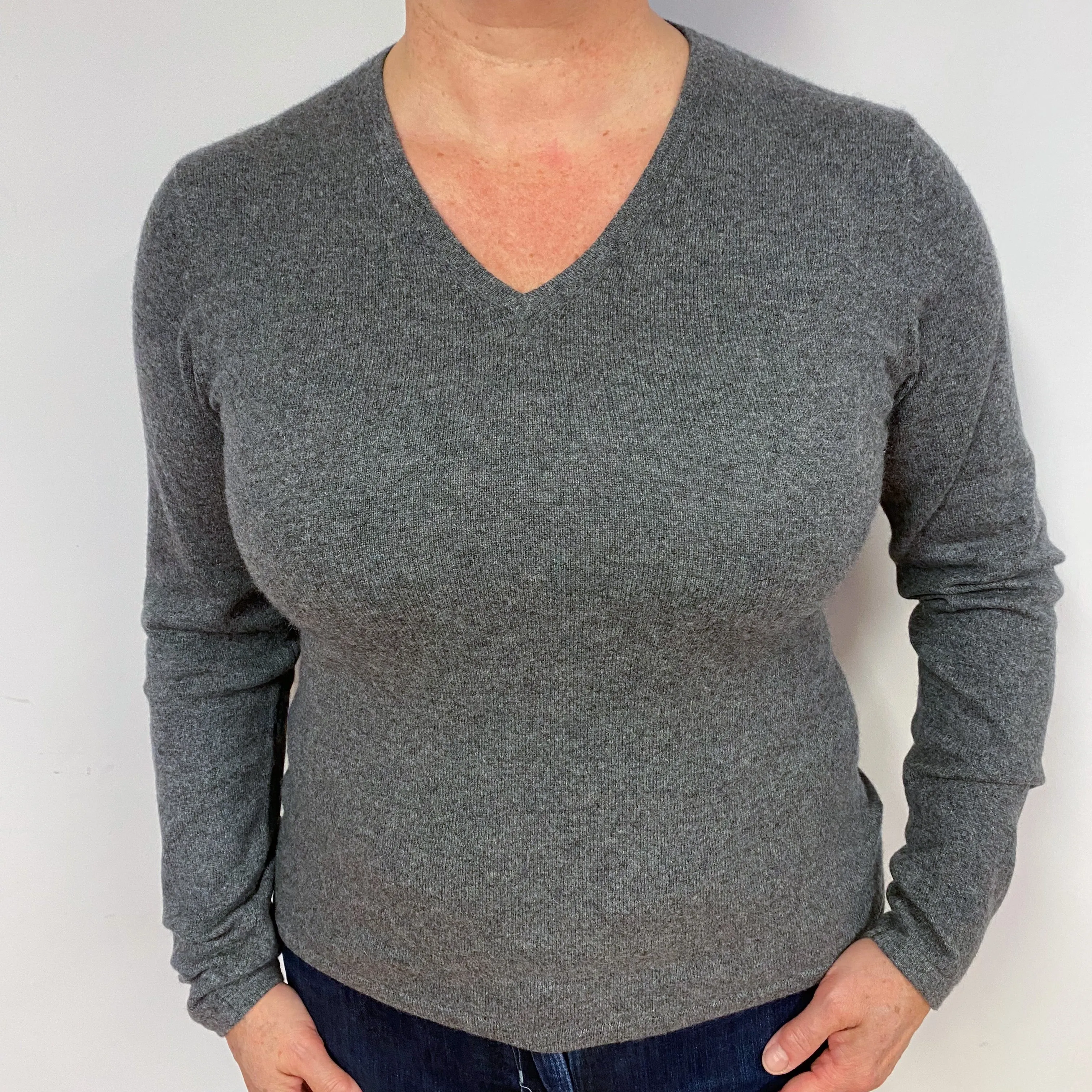 Slate Grey Cashmere V-Neck Jumper Large