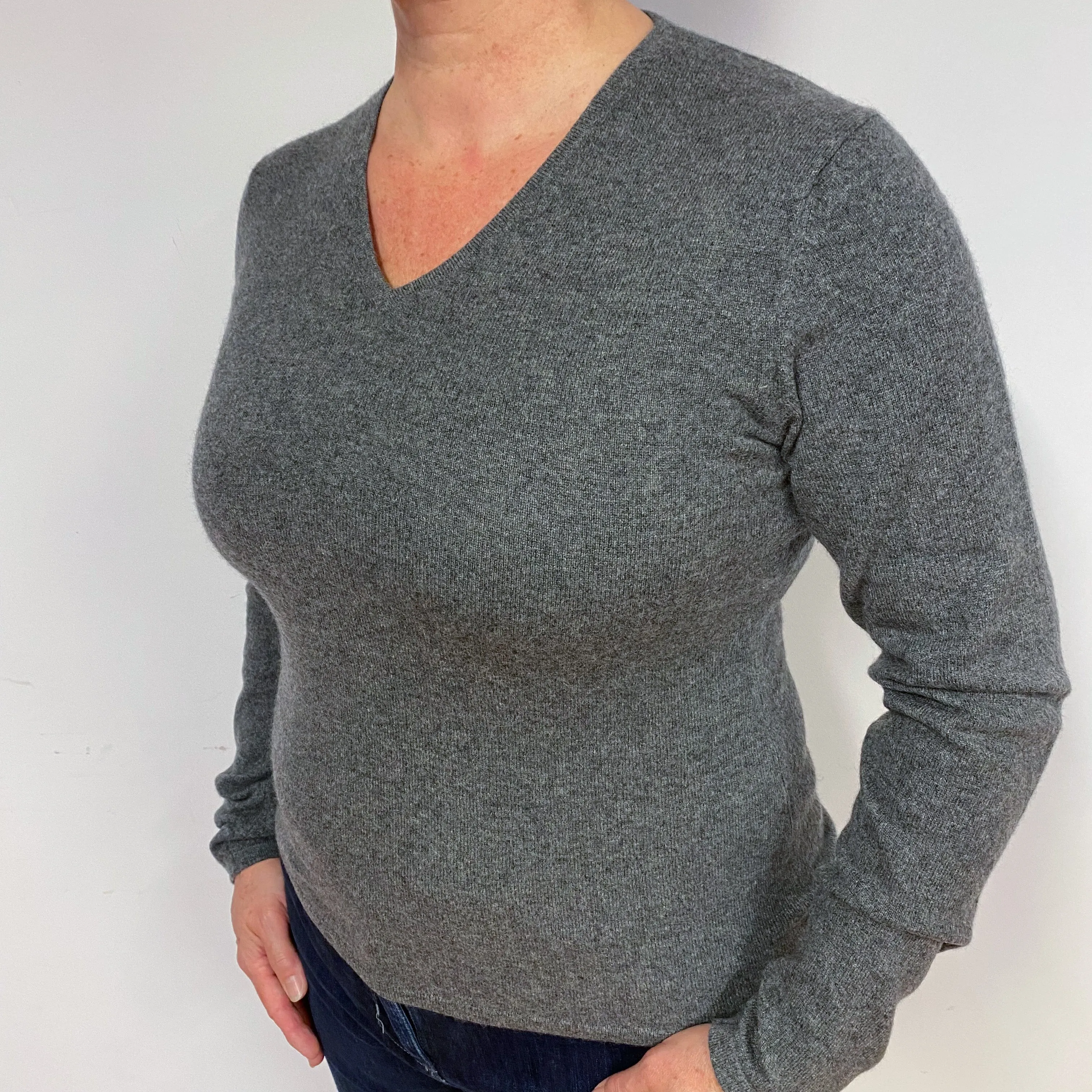 Slate Grey Cashmere V-Neck Jumper Large
