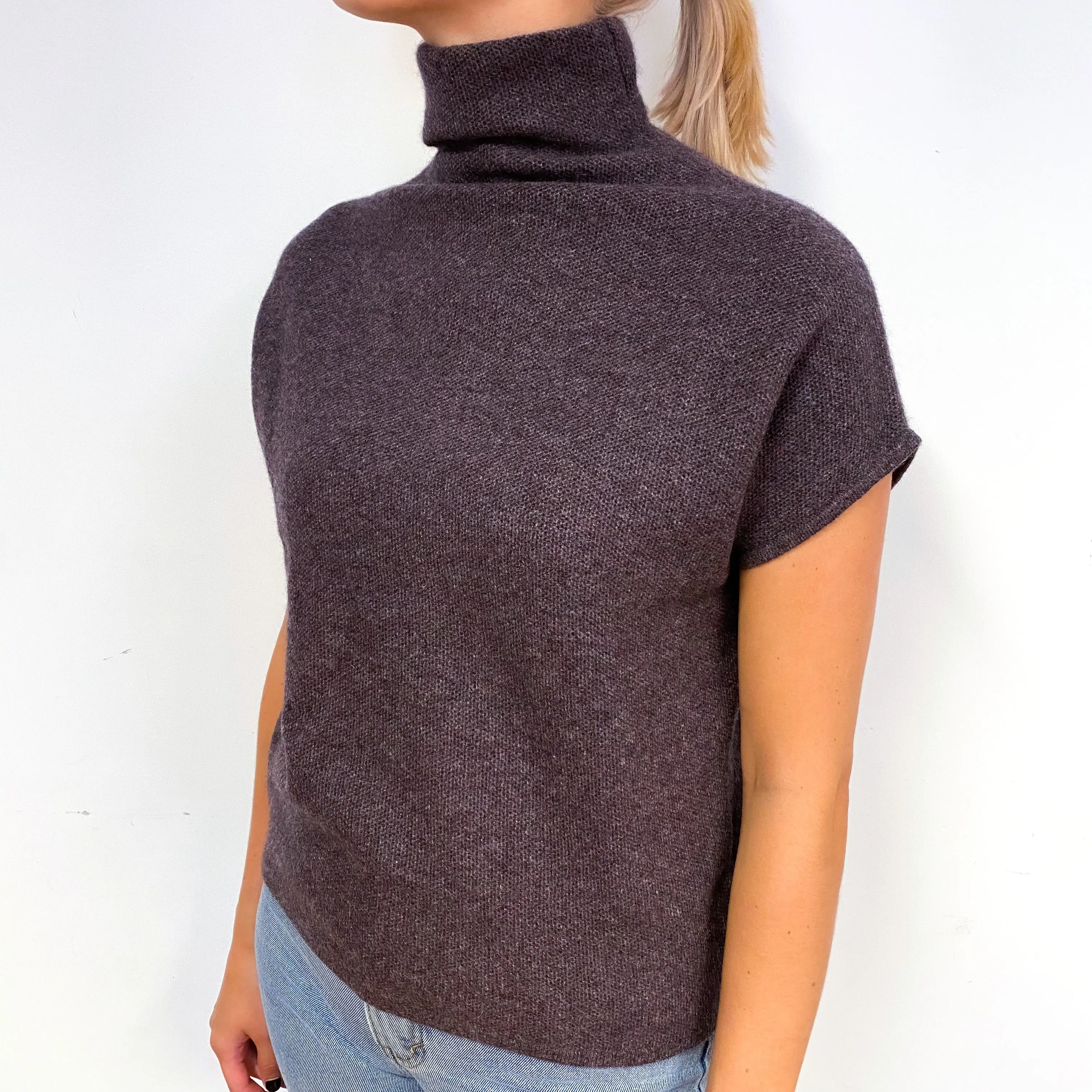 Slate Purple Sleeveless Batwing Cashmere Turtle Neck Jumper Small