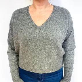 Slouchy Grey Heavy Knit Cashmere V-Neck Jumper Large