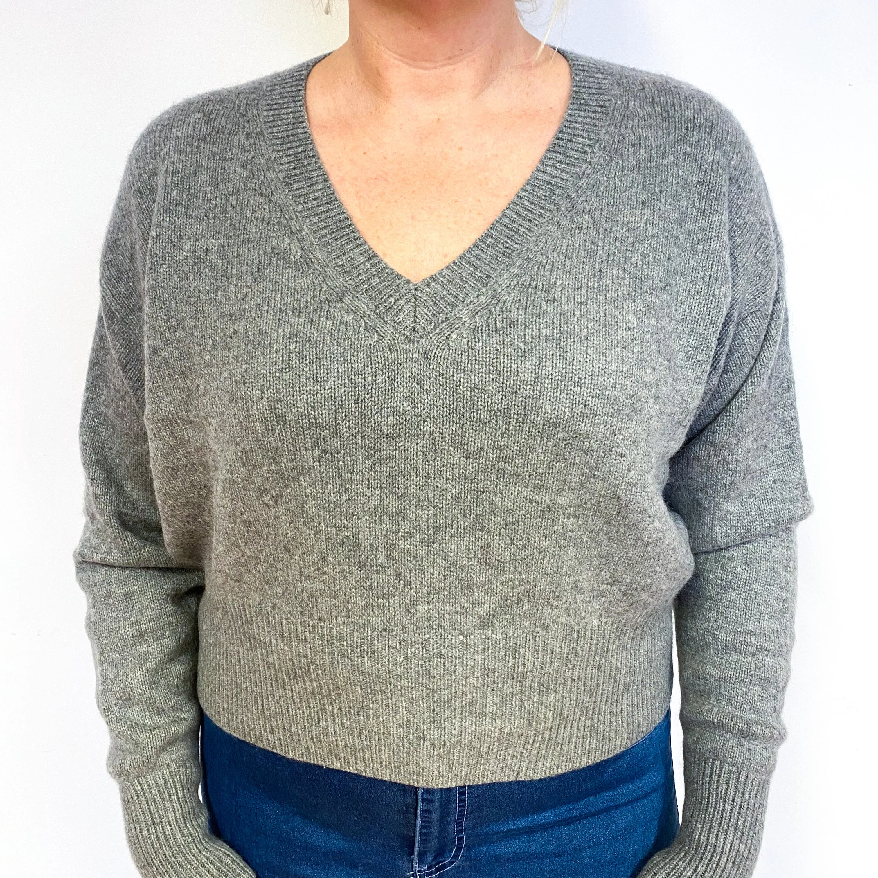 Slouchy Grey Heavy Knit Cashmere V-Neck Jumper Large