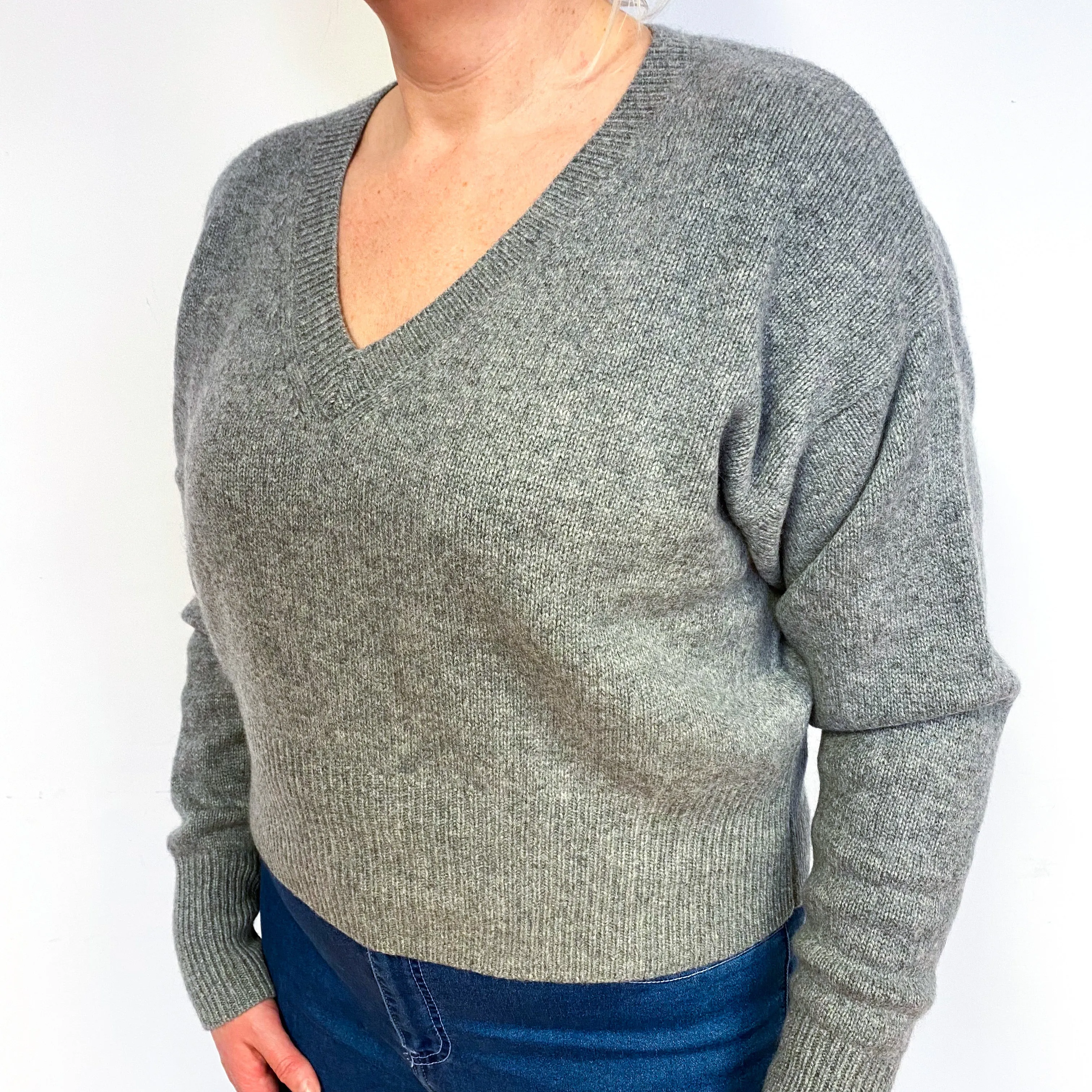 Slouchy Grey Heavy Knit Cashmere V-Neck Jumper Large