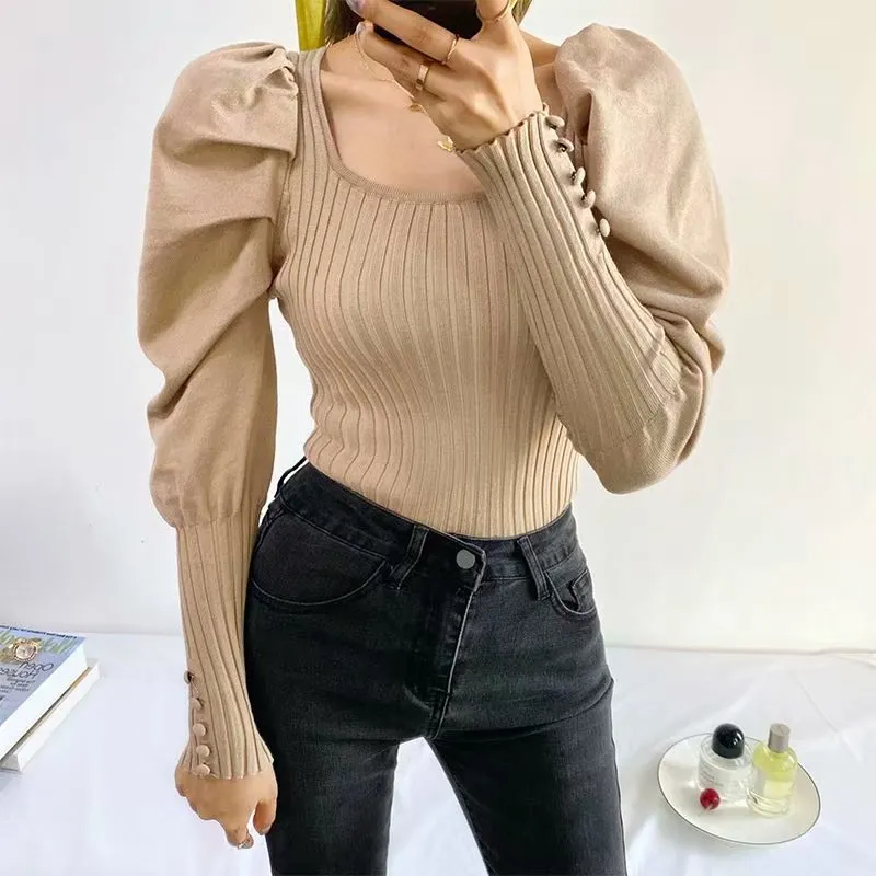Stretch Knit Puff Sleeve Bodysuits - 4 colors