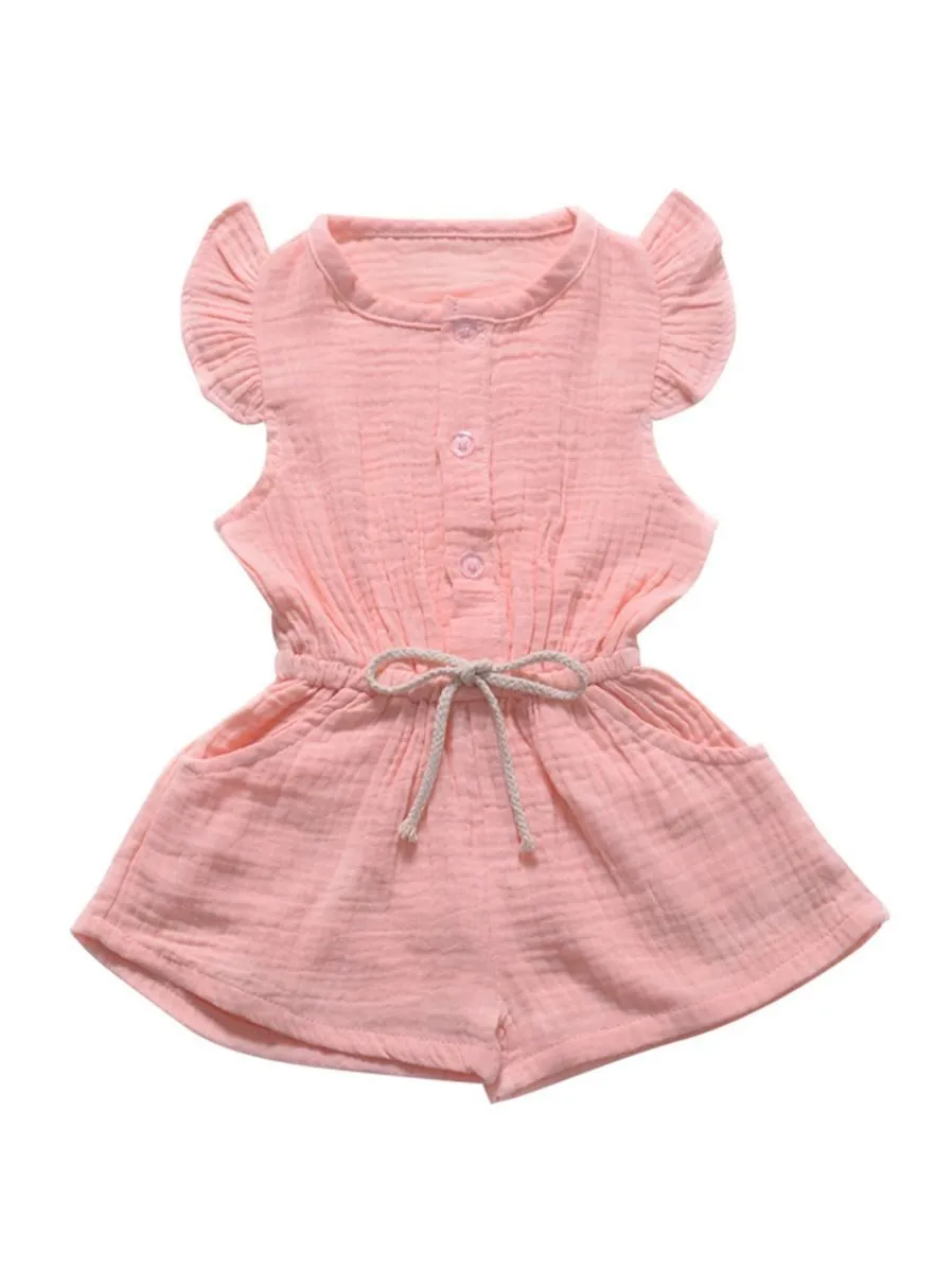 Tie Waist Flutter Sleeve Crinkle Gauze Shortalls Jumpsuit