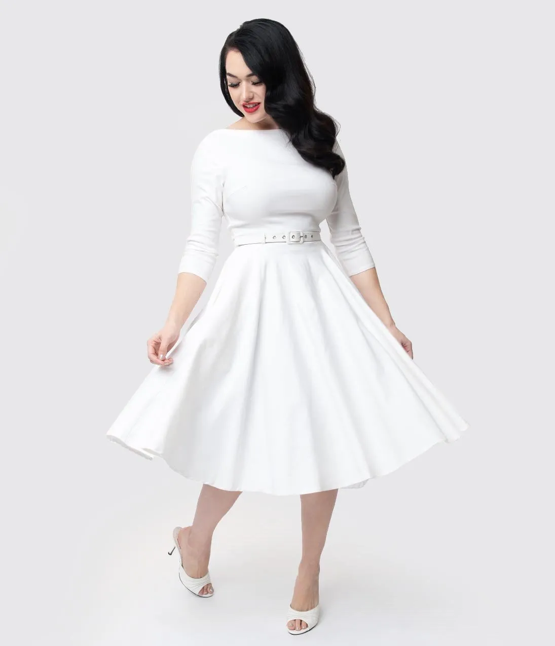 Unique Vintage 1950s Style Ivory Stretch Sleeved Devon Swing Dress