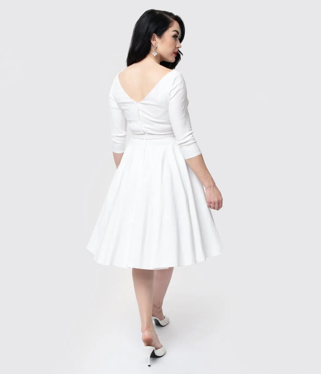 Unique Vintage 1950s Style Ivory Stretch Sleeved Devon Swing Dress
