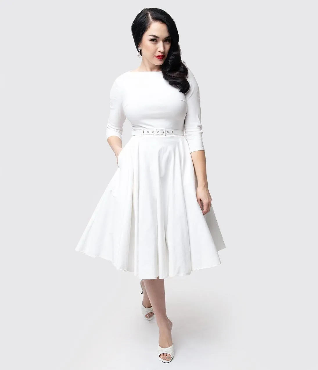 Unique Vintage 1950s Style Ivory Stretch Sleeved Devon Swing Dress