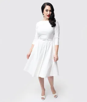 Unique Vintage 1950s Style Ivory Stretch Sleeved Devon Swing Dress