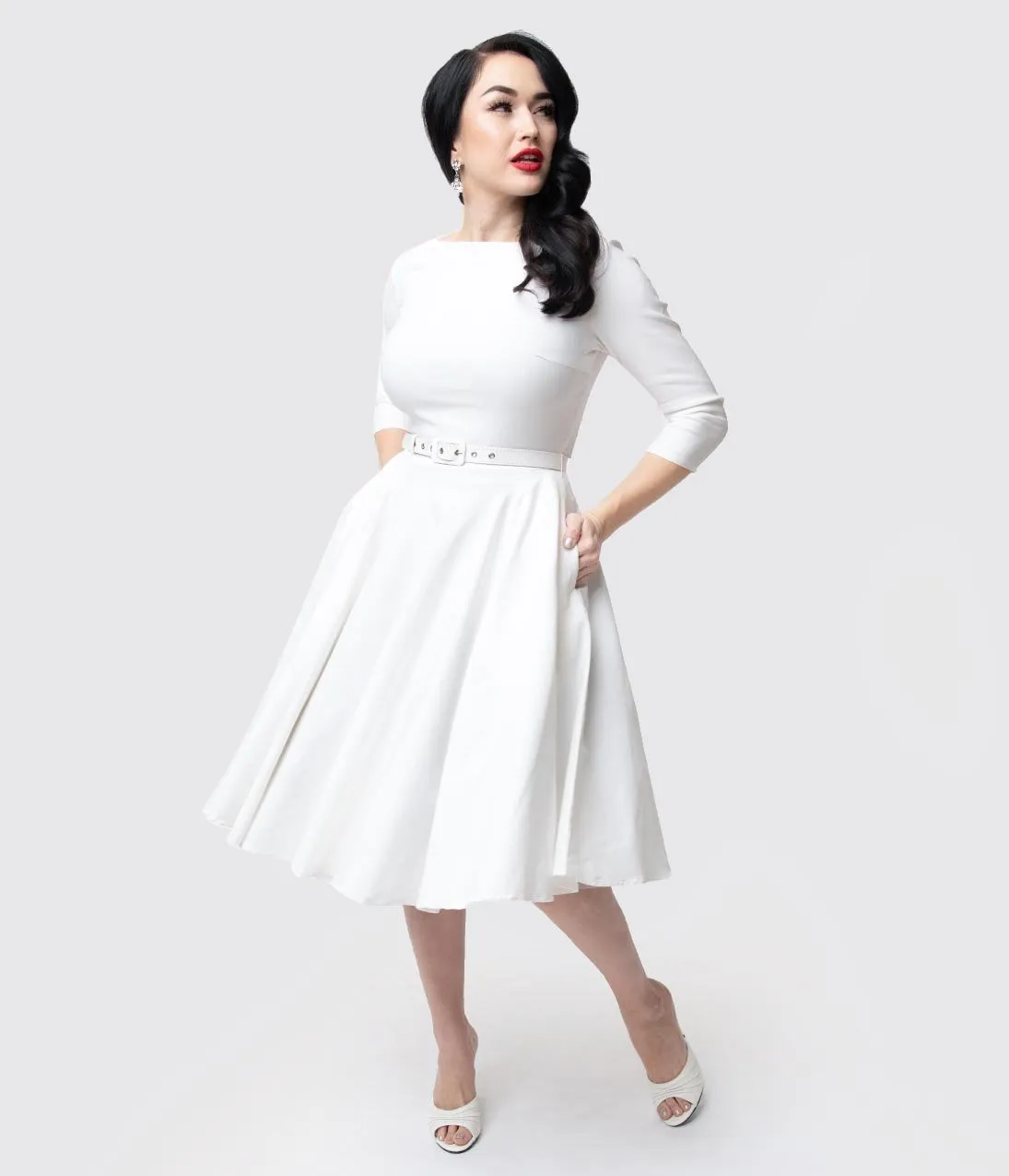 Unique Vintage 1950s Style Ivory Stretch Sleeved Devon Swing Dress