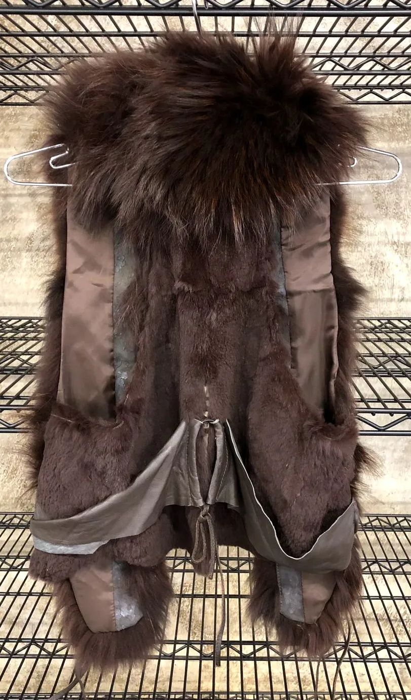 Vintage C/FAN Women's Brown Rabbit/Raccoon Fur Vest w/ Lambskin Leather Trim - S