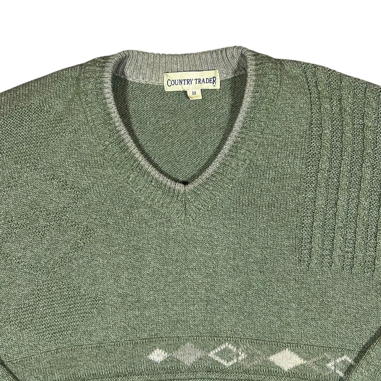 Vintage COUNTRY TRADER Grandad Patterned Cotton Acrylic Knit V-Neck Sweater Jumper