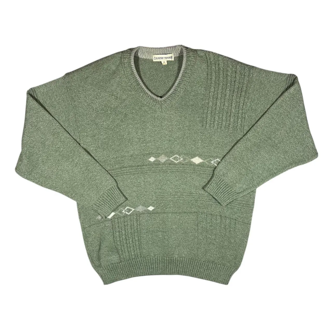 Vintage COUNTRY TRADER Grandad Patterned Cotton Acrylic Knit V-Neck Sweater Jumper