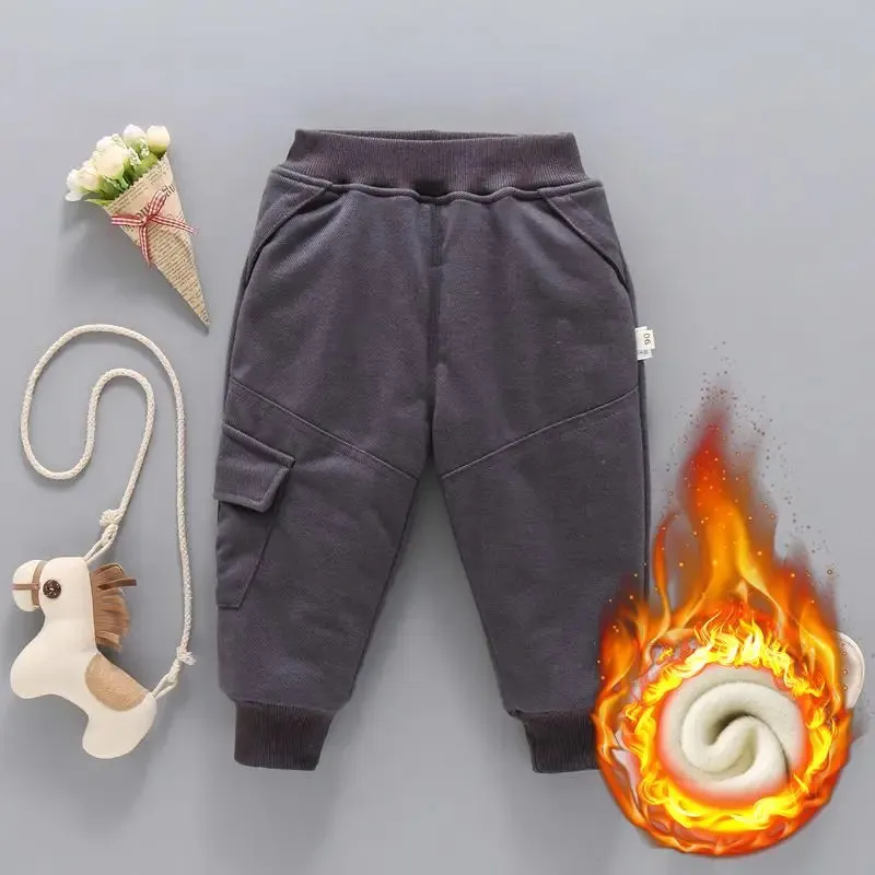Winter Solid Kids Thick Warm Cargo Pant Boy Fleece Sweatpant 2 y Young Child Clothes Elastic Waist Jogger Casual Sporty Trousers