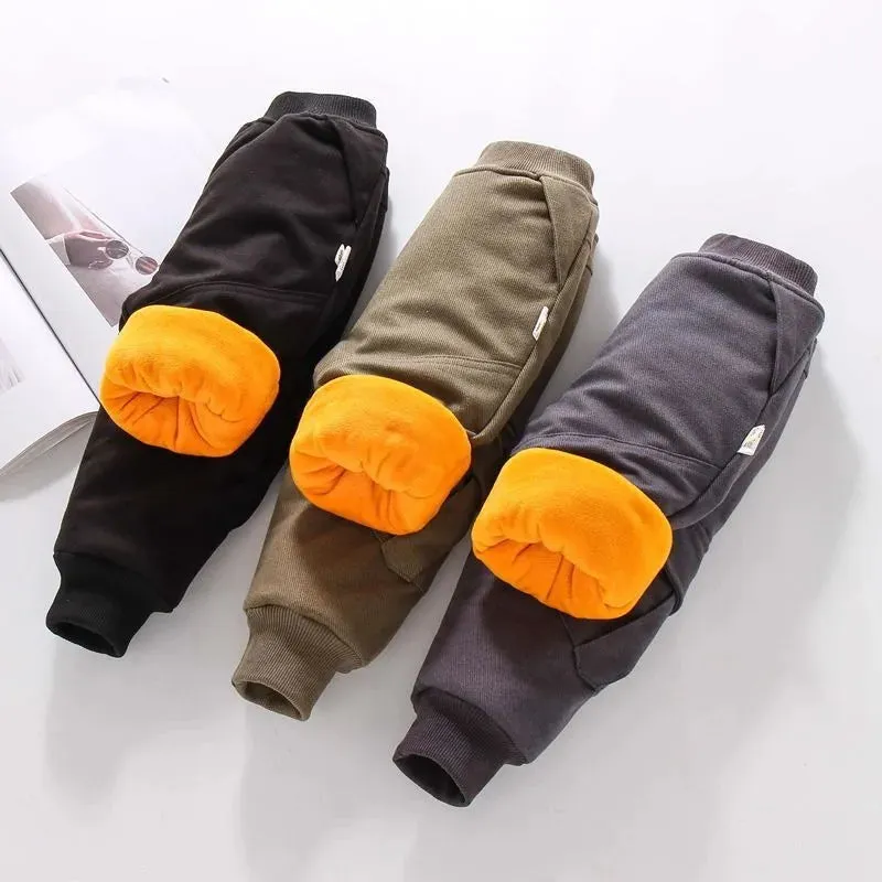 Winter Solid Kids Thick Warm Cargo Pant Boy Fleece Sweatpant 2 y Young Child Clothes Elastic Waist Jogger Casual Sporty Trousers