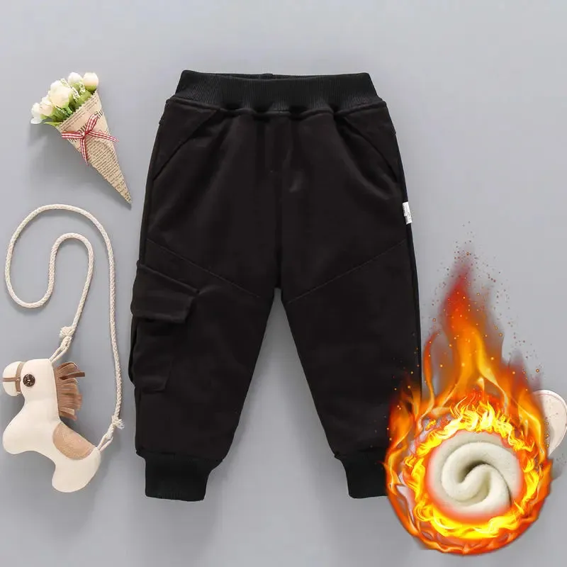 Winter Solid Kids Thick Warm Cargo Pant Boy Fleece Sweatpant 2 y Young Child Clothes Elastic Waist Jogger Casual Sporty Trousers