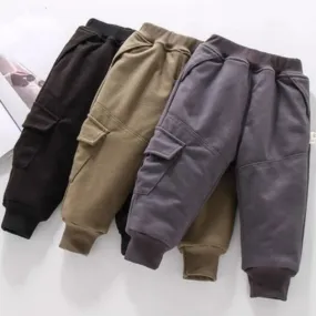 Winter Solid Kids Thick Warm Cargo Pant Boy Fleece Sweatpant 2 y Young Child Clothes Elastic Waist Jogger Casual Sporty Trousers