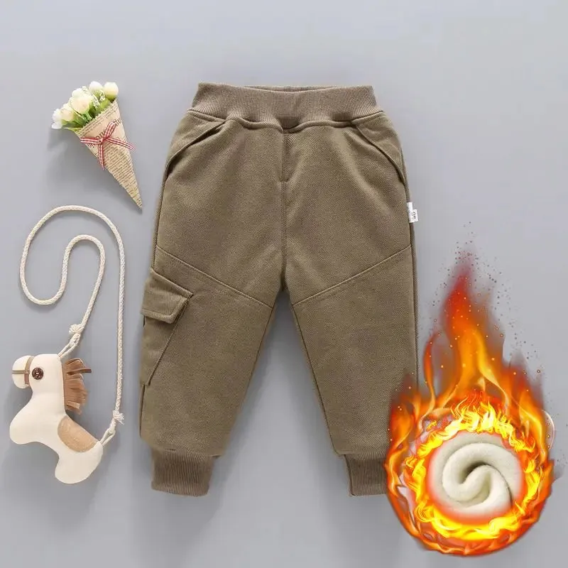 Winter Solid Kids Thick Warm Cargo Pant Boy Fleece Sweatpant 2 y Young Child Clothes Elastic Waist Jogger Casual Sporty Trousers