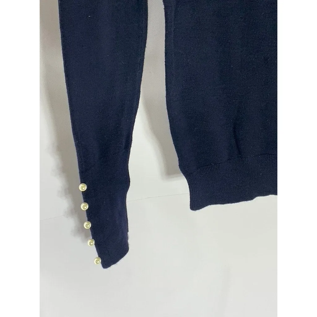 ZARA Knit Women’s Navy Crewneck Long Sleeve Pearl Pullover Sweater SZ S