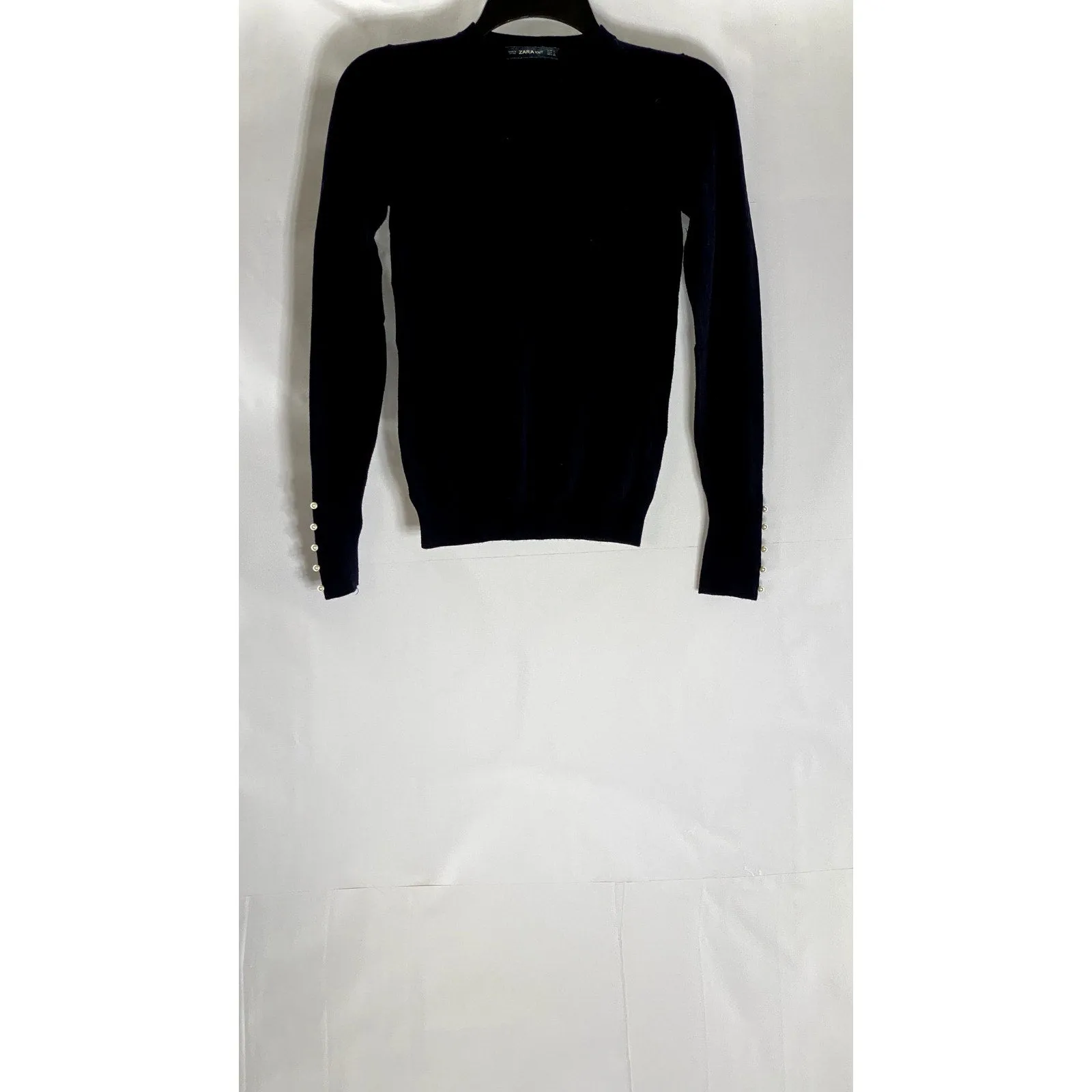 ZARA Knit Women’s Navy Crewneck Long Sleeve Pearl Pullover Sweater SZ S