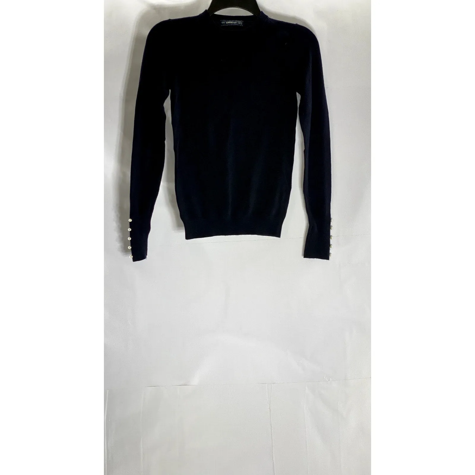 ZARA Knit Women’s Navy Crewneck Long Sleeve Pearl Pullover Sweater SZ S