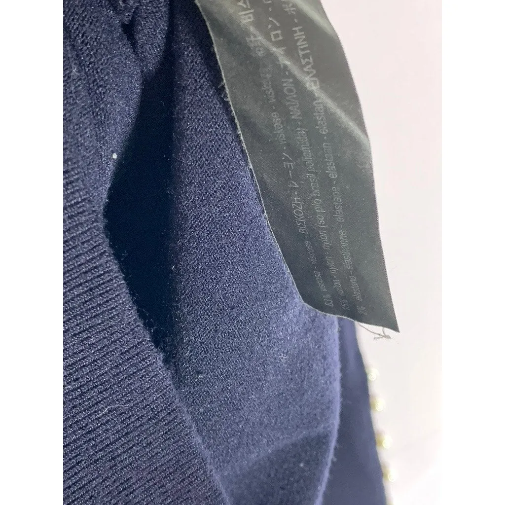 ZARA Knit Women’s Navy Crewneck Long Sleeve Pearl Pullover Sweater SZ S