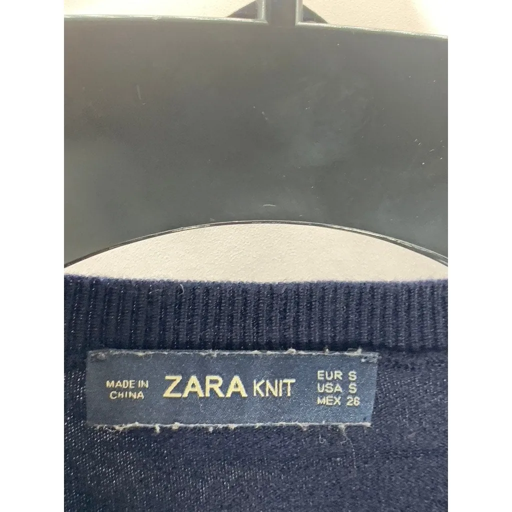 ZARA Knit Women’s Navy Crewneck Long Sleeve Pearl Pullover Sweater SZ S